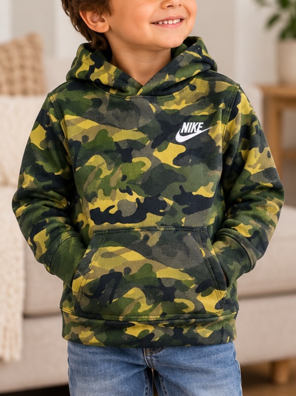 Nike Boys Camo Pullover Hoodie Green Camouflage Sweatshirt Size 4